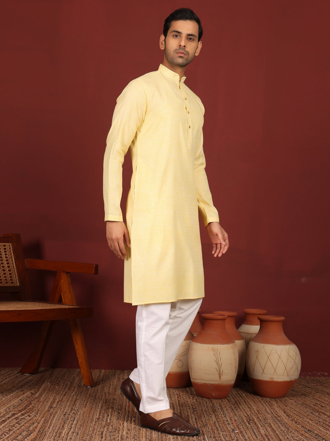 Yellow-Cream Woven Jacquard Delux Cotton Straight Kurta