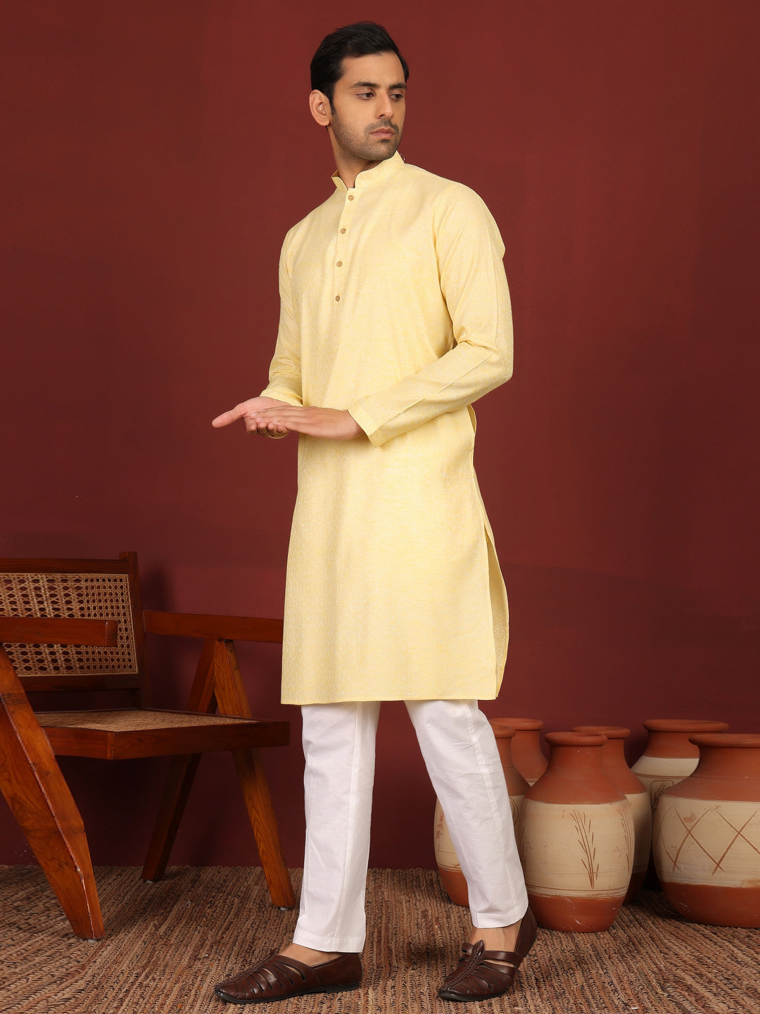 Yellow-Cream Woven Jacquard Delux Cotton Straight Kurta