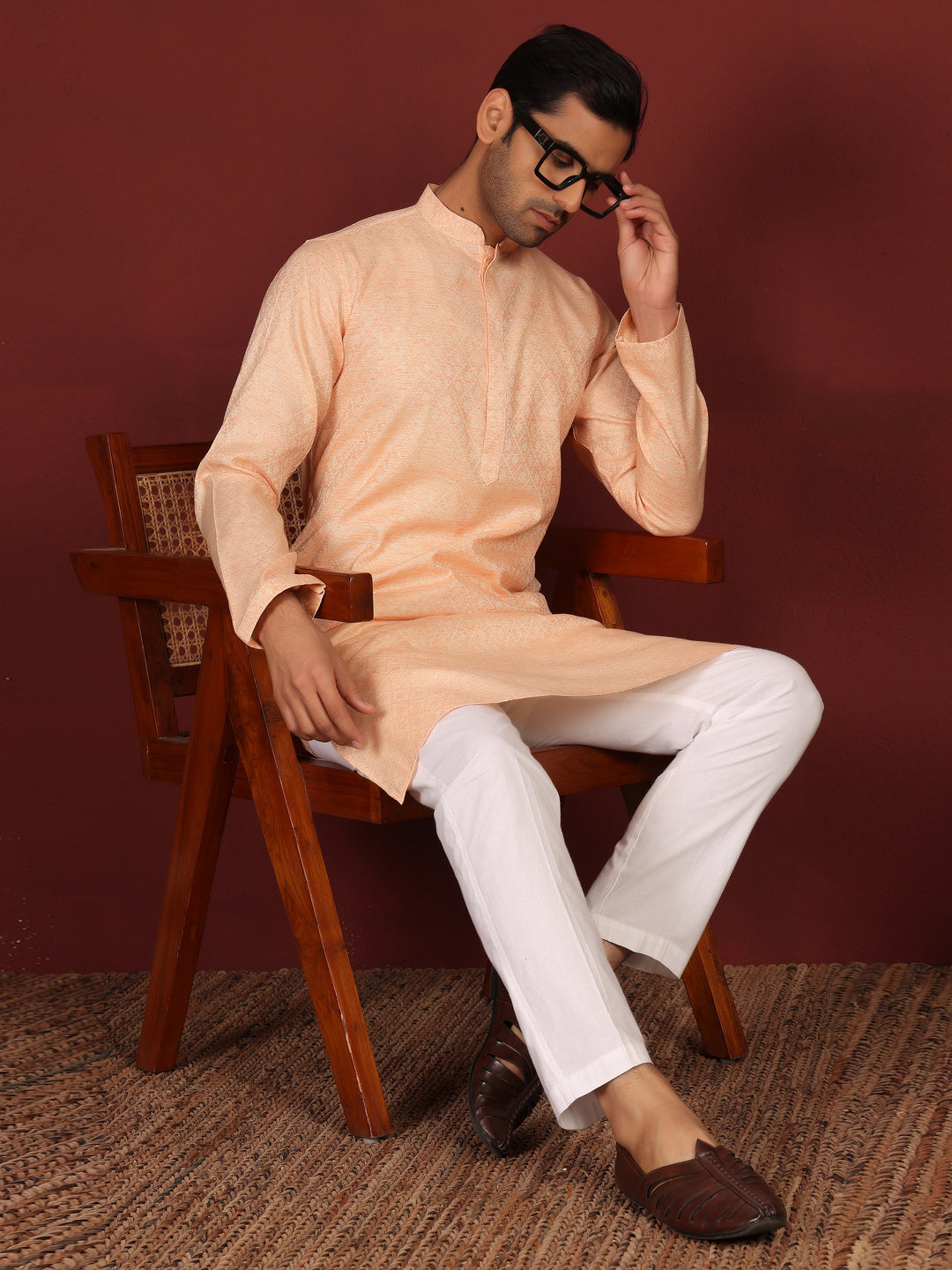 Peach-Cream Woven Jacquard Delux Cotton Straight Kurta