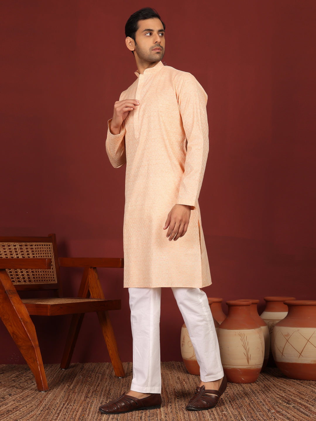 Peach-Cream Woven Jacquard Delux Cotton Straight Kurta