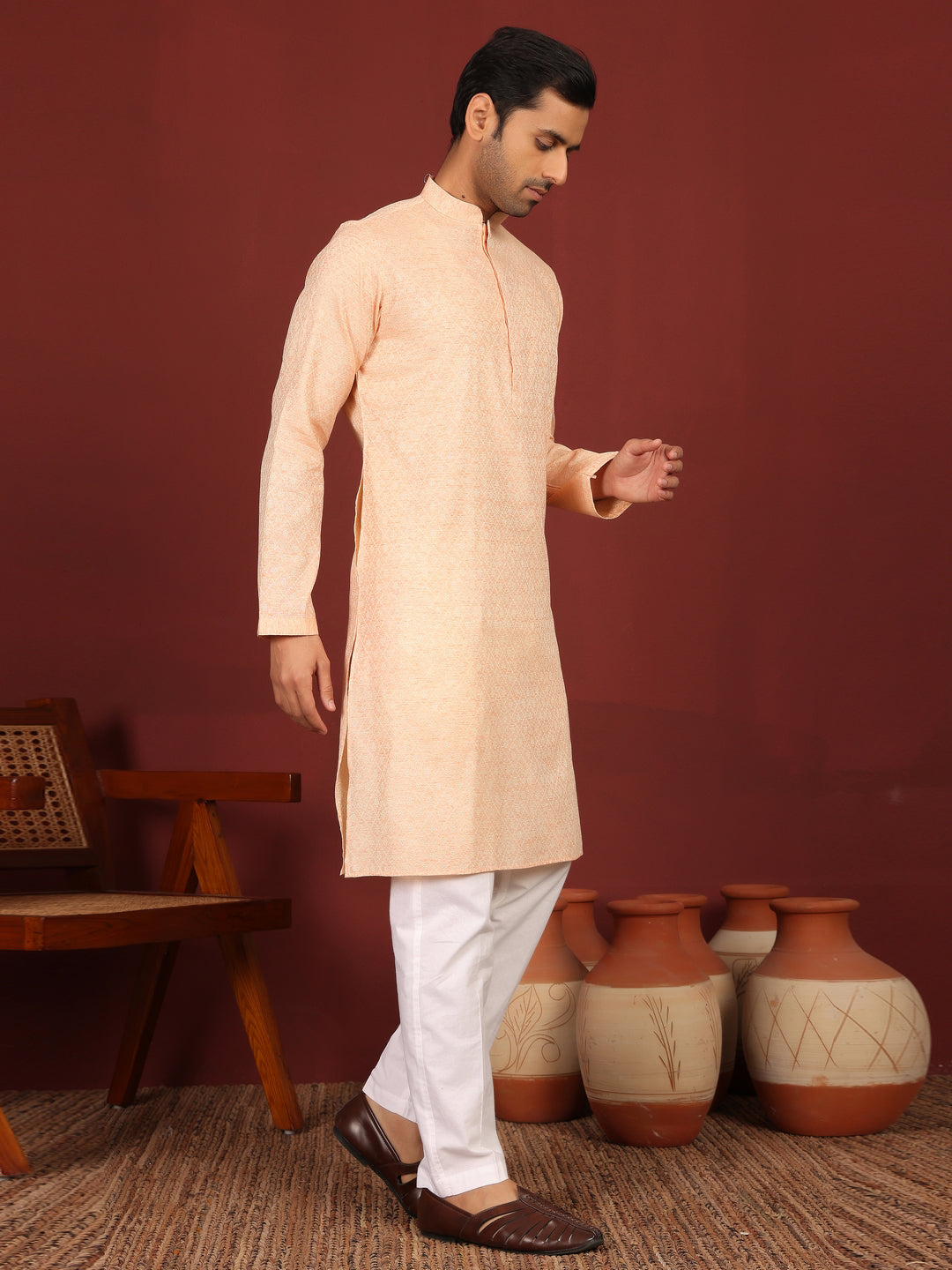 Peach-Cream Woven Jacquard Delux Cotton Straight Kurta