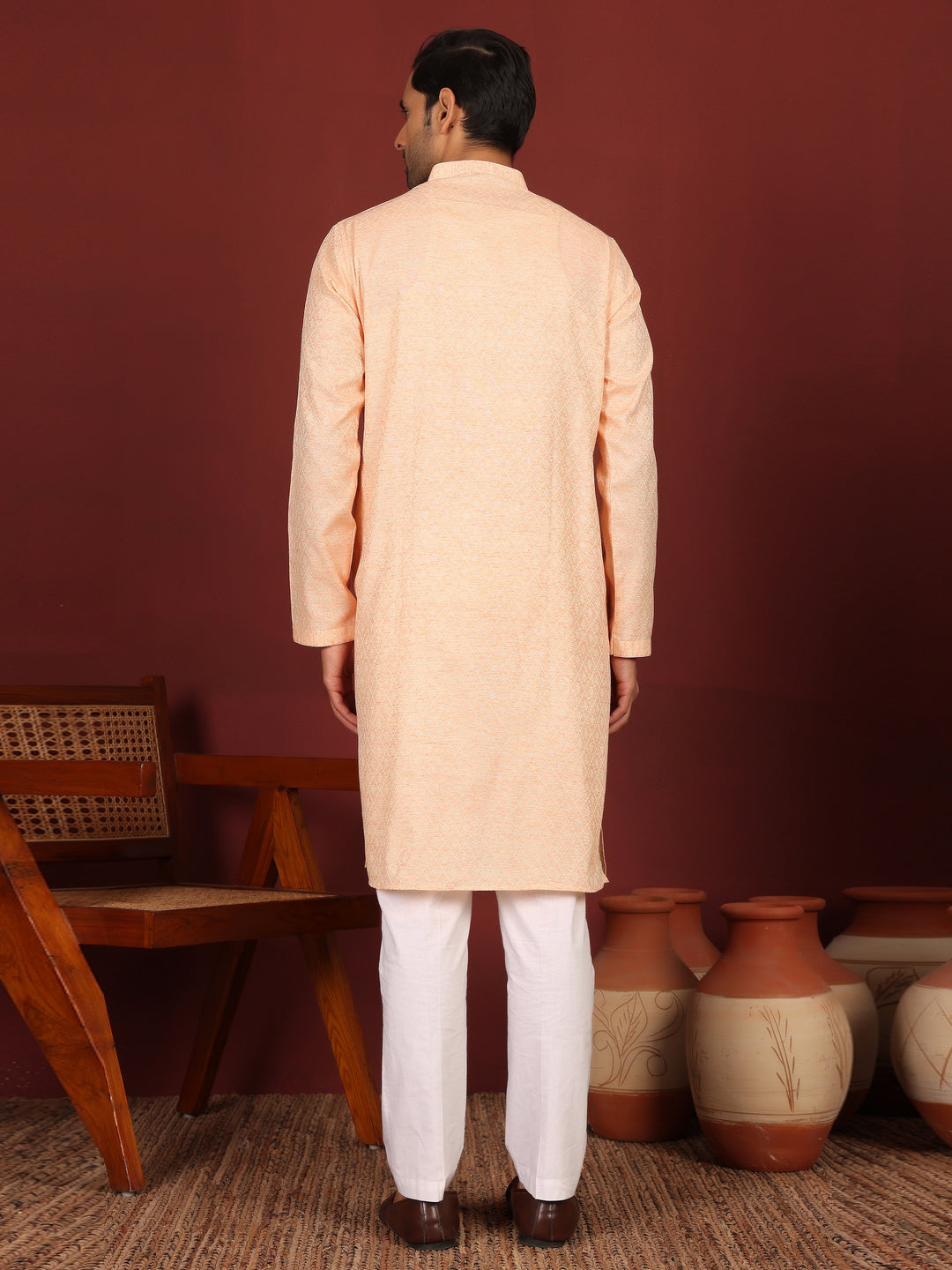 Peach-Cream Woven Jacquard Delux Cotton Straight Kurta