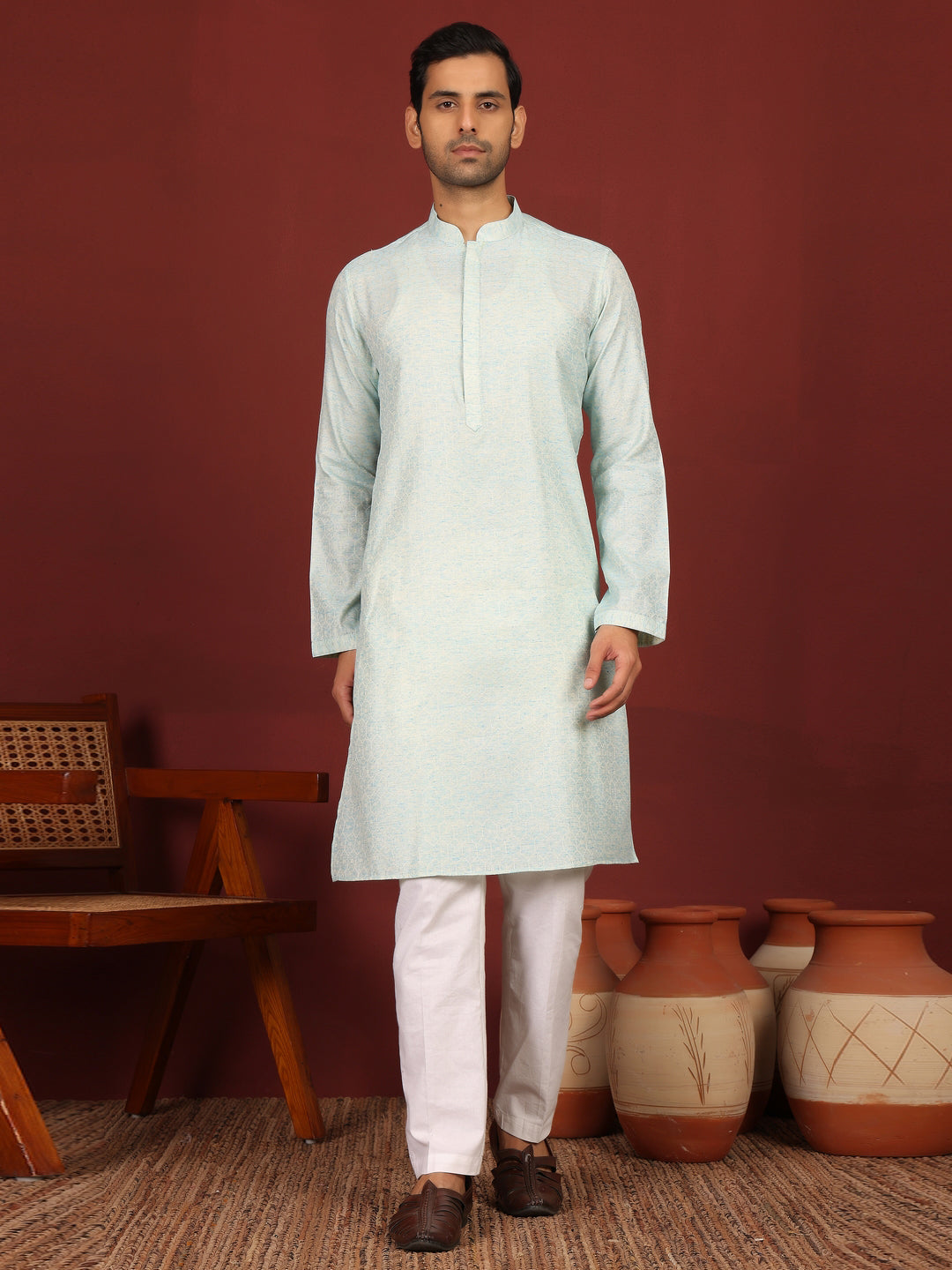 Blue-Cream Woven Jacquard Delux Cotton Straight Kurta
