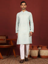 Blue-Cream Woven Jacquard Delux Cotton Straight Kurta