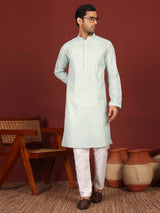Blue-Cream Woven Jacquard Delux Cotton Straight Kurta