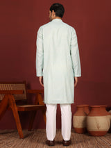 Blue-Cream Woven Jacquard Delux Cotton Straight Kurta