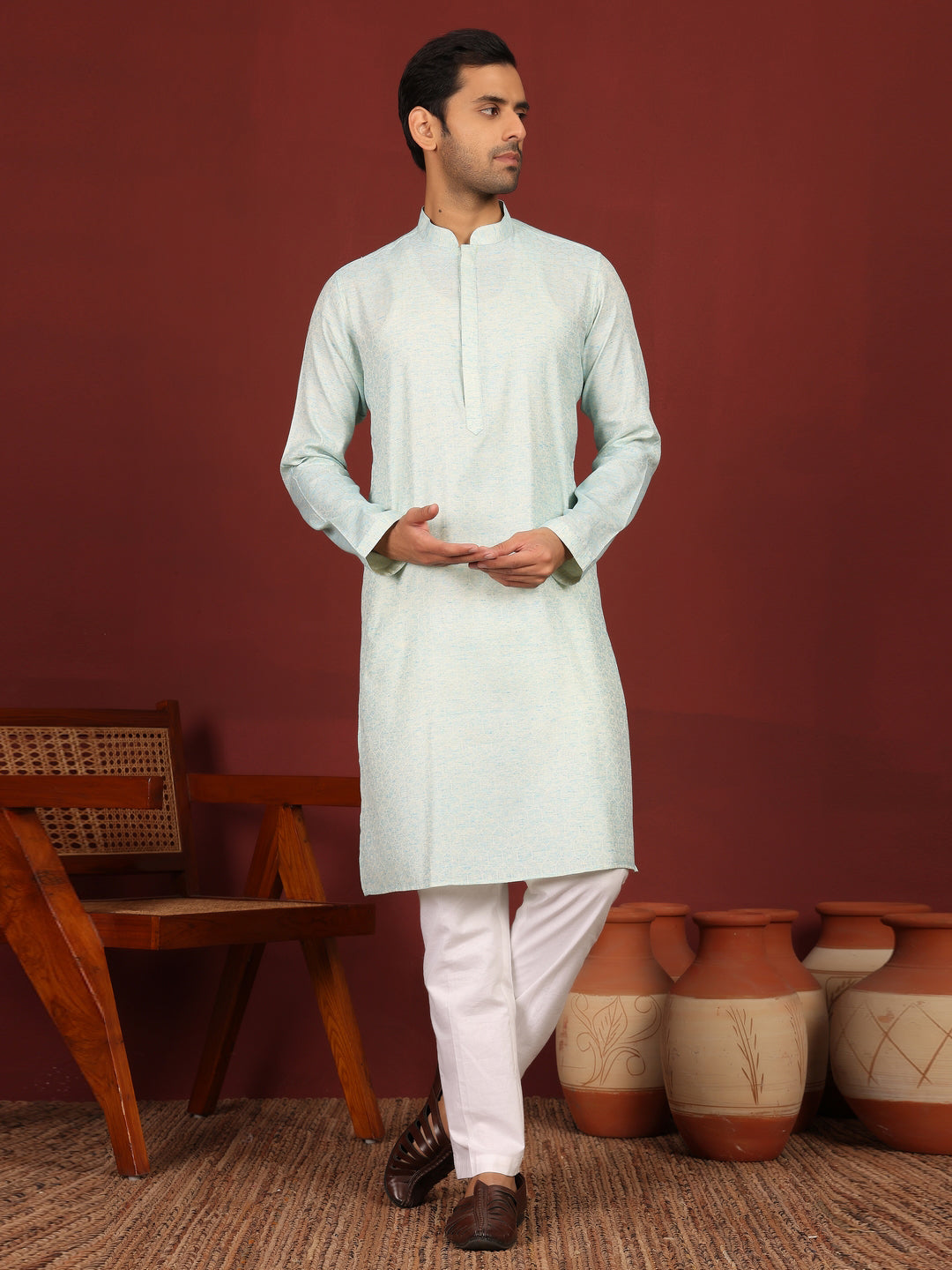 Blue-Cream Woven Jacquard Delux Cotton Straight Kurta