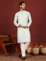 Blue-Cream Woven Jacquard Delux Cotton Straight Kurta