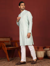 Blue-Cream Woven Jacquard Delux Cotton Straight Kurta