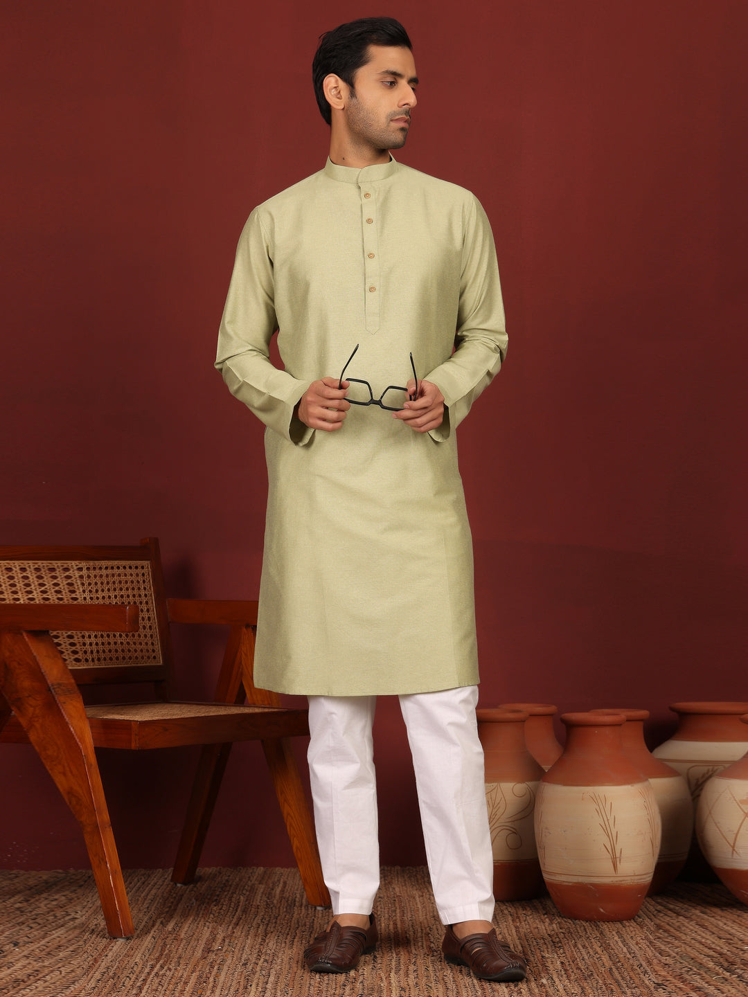 Pistachio Green Delux Cotton Solid Straight Kurta