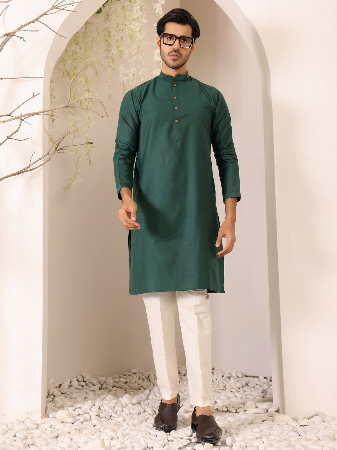 Dark Green Delux Cotton Solid Straight Kurta