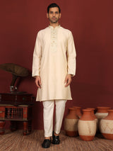 Buttermilk Cream Delux Cotton Straight Kurta with Jacquard Neck Design