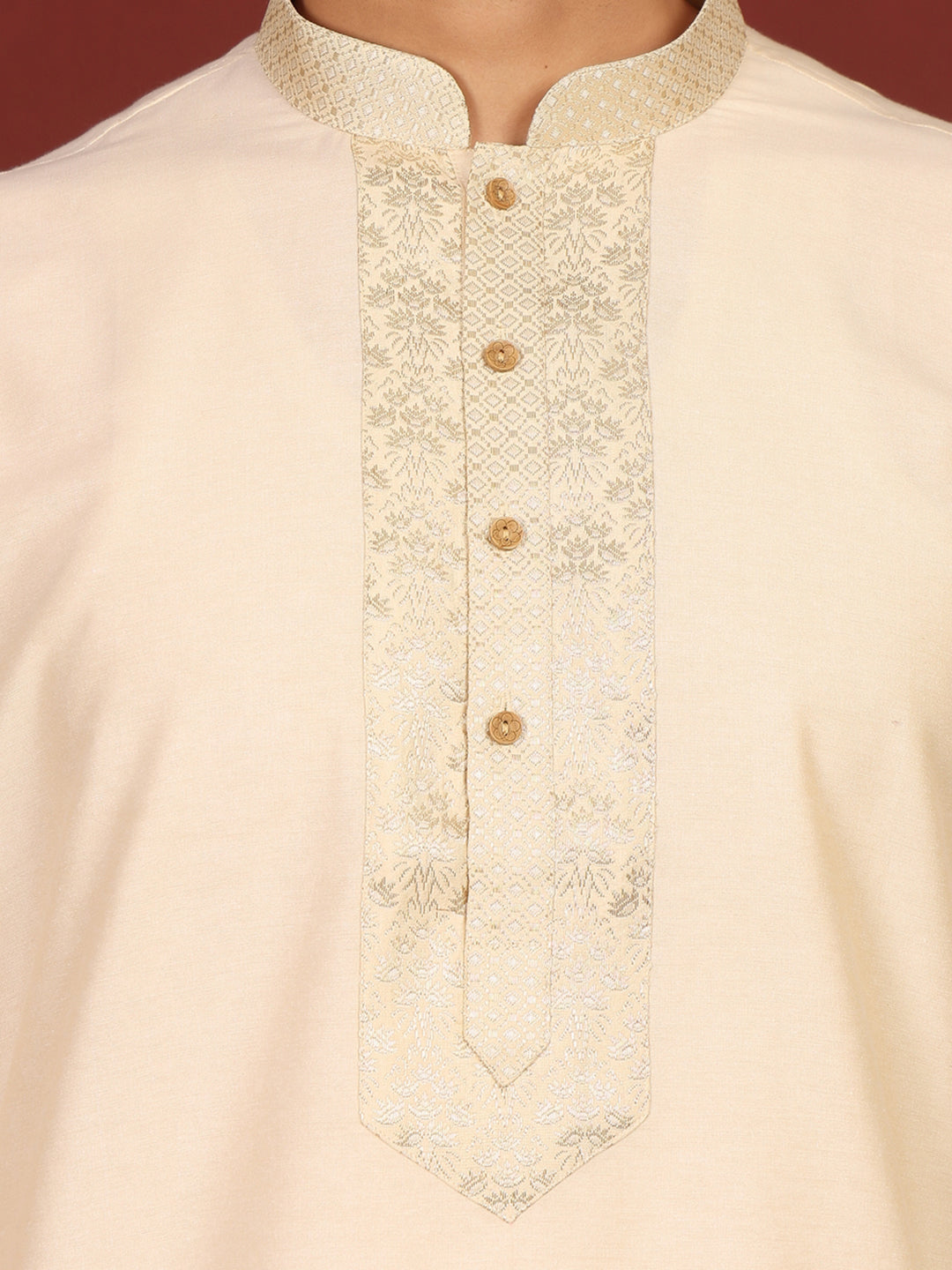 Buttermilk Cream Delux Cotton Straight Kurta with Jacquard Neck Design