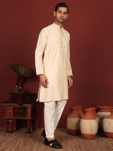 Buttermilk Cream Delux Cotton Straight Kurta with Jacquard Neck Design