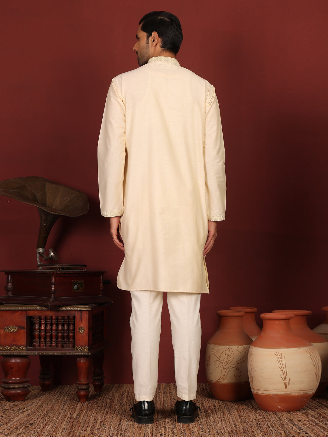 Buttermilk Cream Delux Cotton Straight Kurta with Jacquard Neck Design