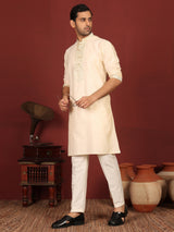 Buttermilk Cream Delux Cotton Straight Kurta with Jacquard Neck Design