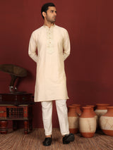 Buttermilk Cream Delux Cotton Straight Kurta with Jacquard Neck Design