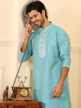 Light Blue Delux Cotton Straight Kurta with Jacquard Neck Design