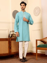Light Blue Delux Cotton Straight Kurta with Jacquard Neck Design
