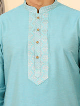 Light Blue Delux Cotton Straight Kurta with Jacquard Neck Design