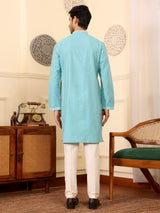 Light Blue Delux Cotton Straight Kurta with Jacquard Neck Design
