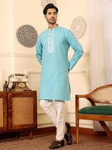 Light Blue Delux Cotton Straight Kurta with Jacquard Neck Design