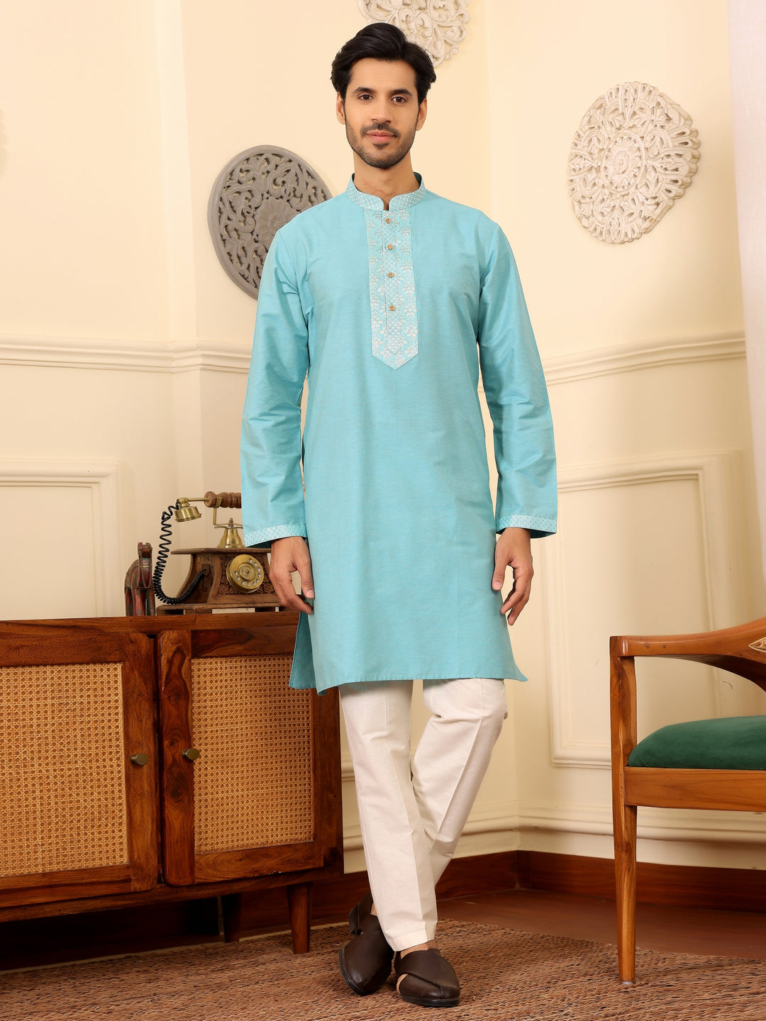 Light Blue Delux Cotton Straight Kurta with Jacquard Neck Design