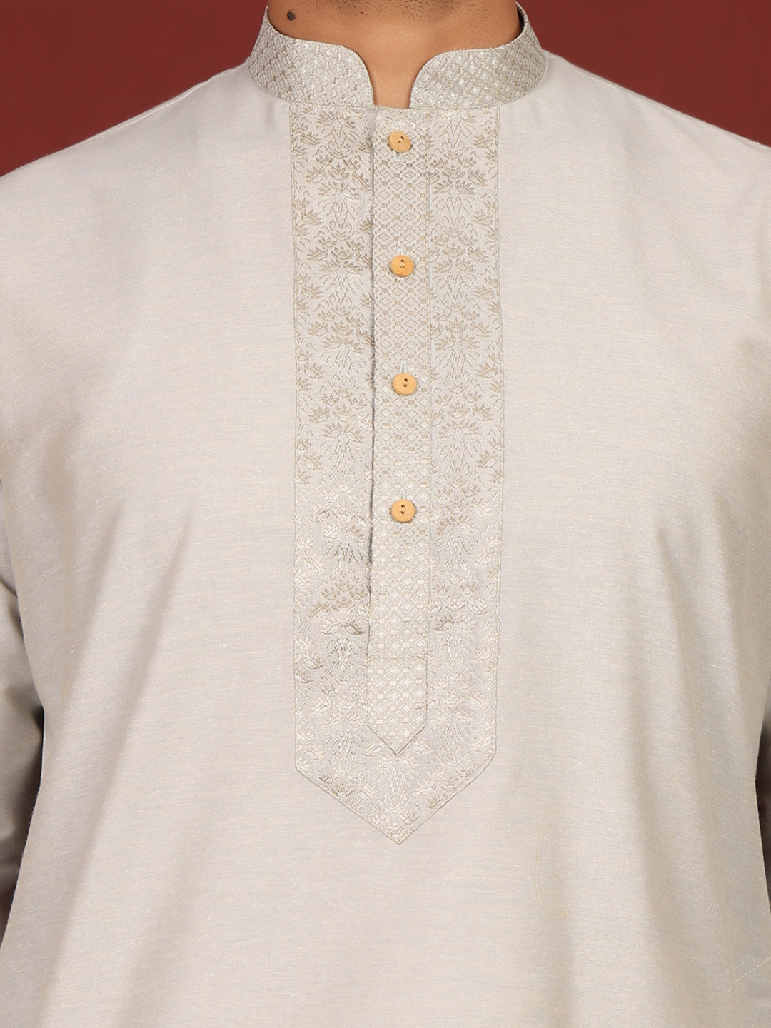 Grey Delux Cotton Straight Kurta with Jacquard Neck Design
