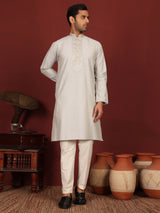 Grey Delux Cotton Straight Kurta with Jacquard Neck Design