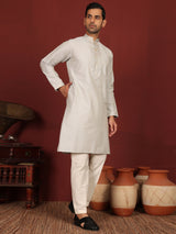 Grey Delux Cotton Straight Kurta with Jacquard Neck Design