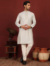 Grey Delux Cotton Straight Kurta with Jacquard Neck Design