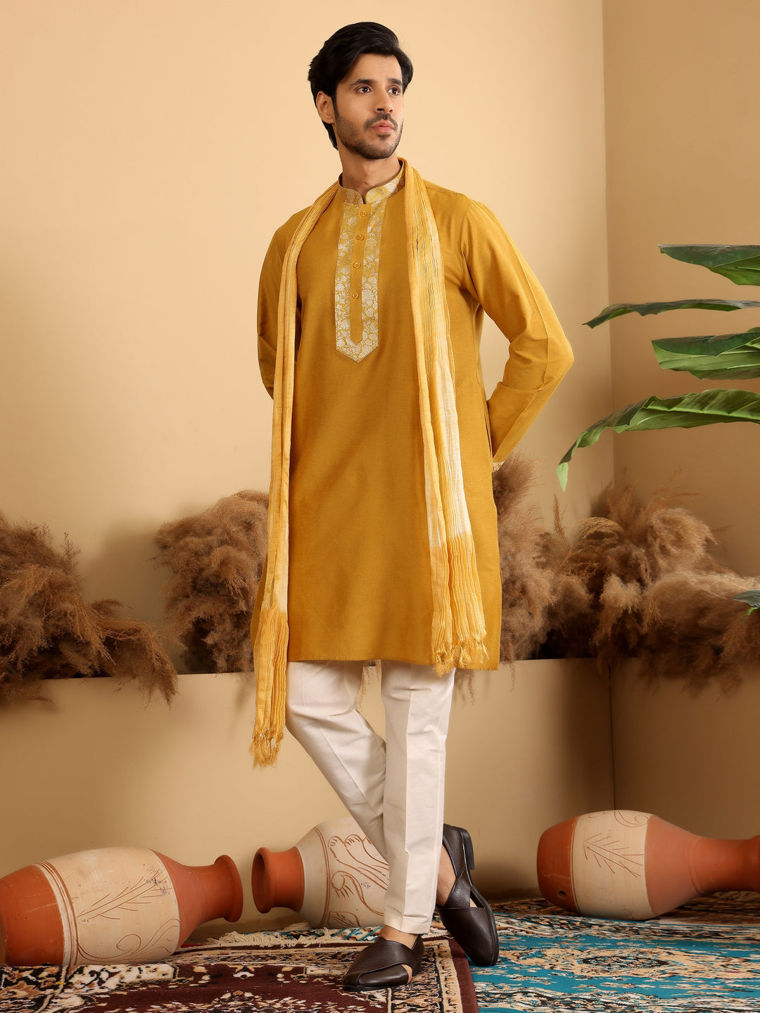 Mustard Delux Cotton Straight Kurta with Jacquard Neck Design