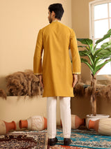 Mustard Delux Cotton Straight Kurta with Jacquard Neck Design