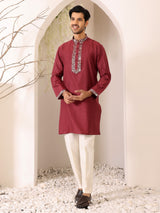 Burgundy Delux Cotton Straight Kurta with Jacquard Neck Design