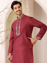 Burgundy Delux Cotton Straight Kurta with Jacquard Neck Design