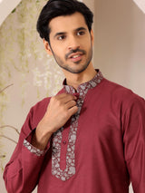 Burgundy Delux Cotton Straight Kurta with Jacquard Neck Design