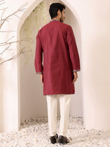 Burgundy Delux Cotton Straight Kurta with Jacquard Neck Design