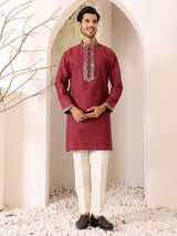 Burgundy Delux Cotton Straight Kurta with Jacquard Neck Design