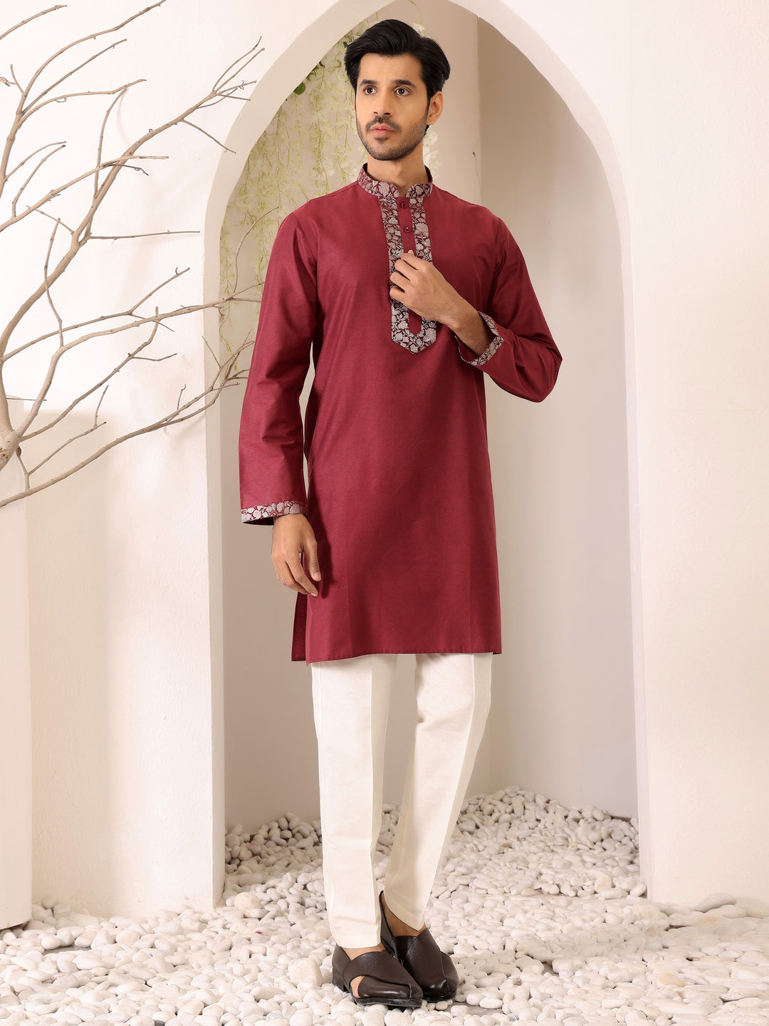 Burgundy Delux Cotton Straight Kurta with Jacquard Neck Design