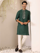 Forest Green Delux Cotton Straight Kurta with Jacquard Neck Design
