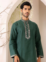 Forest Green Delux Cotton Straight Kurta with Jacquard Neck Design