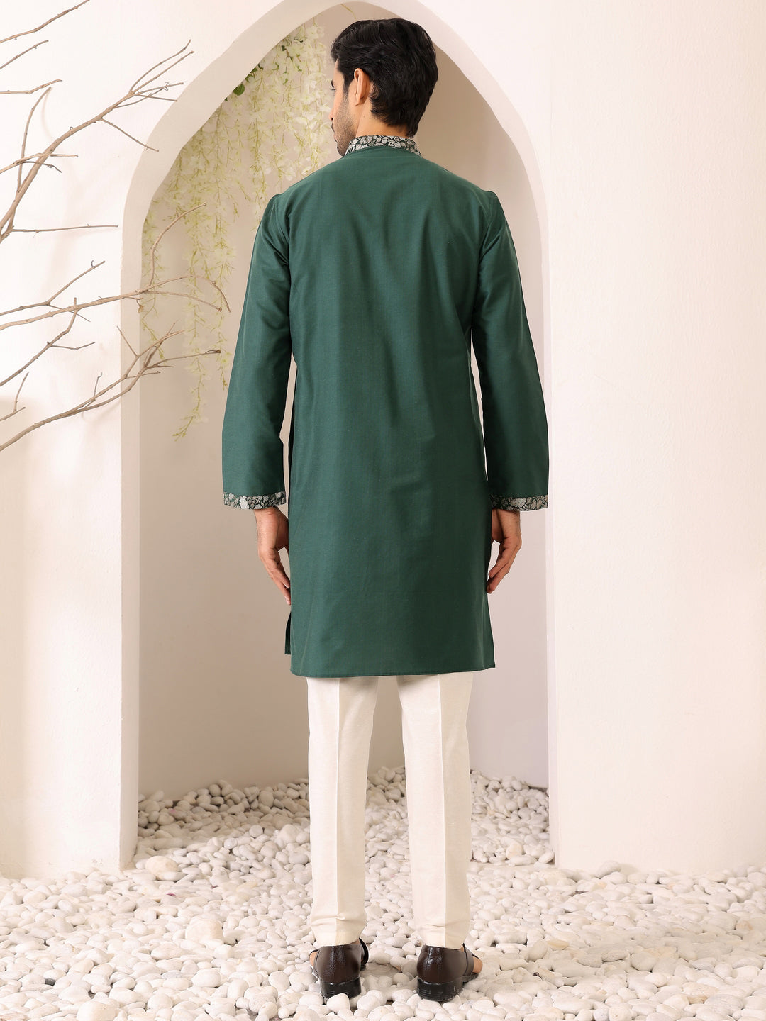 Forest Green Delux Cotton Straight Kurta with Jacquard Neck Design