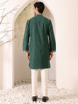 Forest Green Delux Cotton Straight Kurta with Jacquard Neck Design