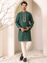 Forest Green Delux Cotton Straight Kurta with Jacquard Neck Design