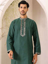 Forest Green Delux Cotton Straight Kurta with Jacquard Neck Design