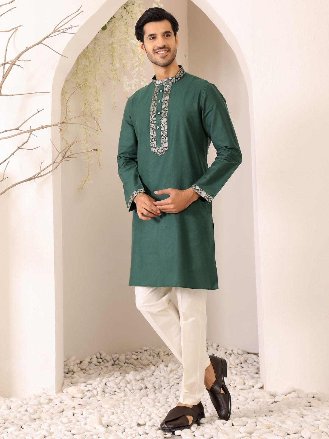 Forest Green Delux Cotton Straight Kurta with Jacquard Neck Design