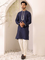 Midnight Blue Delux Cotton Straight Kurta with Jacquard Neck Design