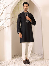 Black Delux Cotton Straight Kurta with Jacquard Neck Design