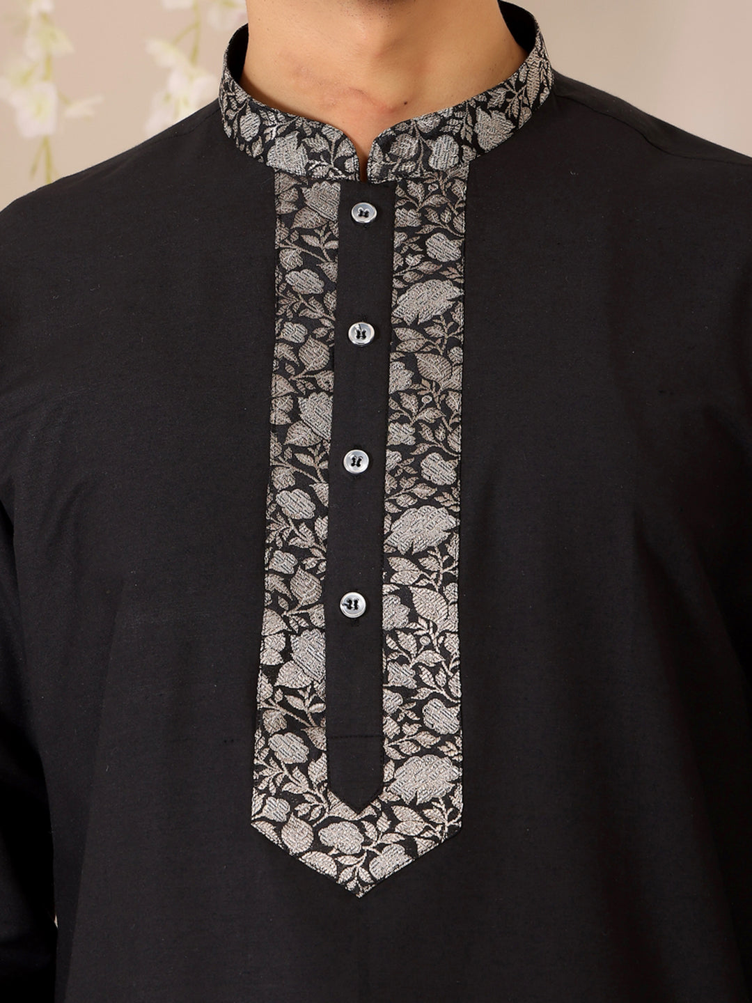 Black Delux Cotton Straight Kurta with Jacquard Neck Design