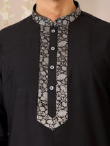Black Delux Cotton Straight Kurta with Jacquard Neck Design
